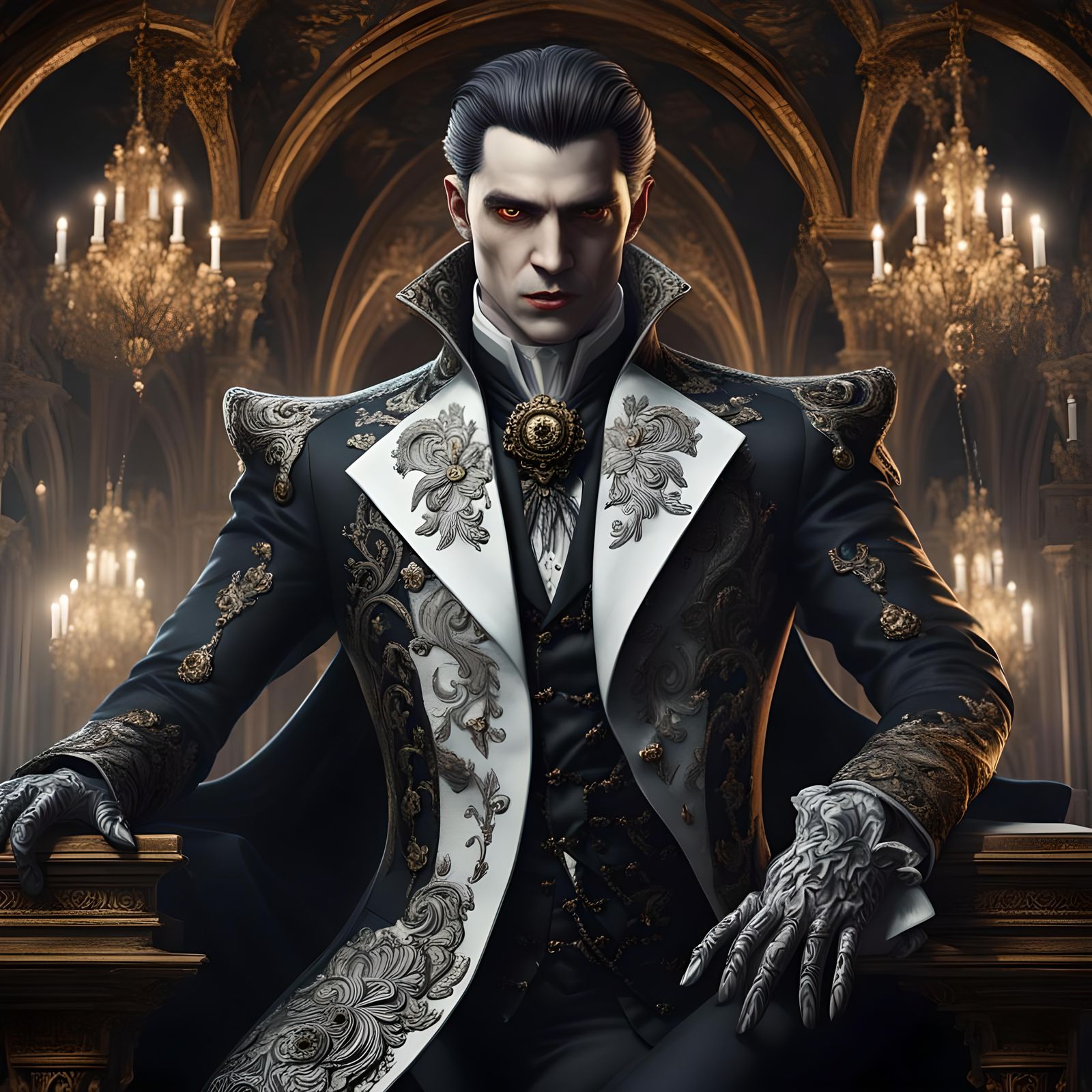Evil Vampire in Black and White Suit, Baroque Style