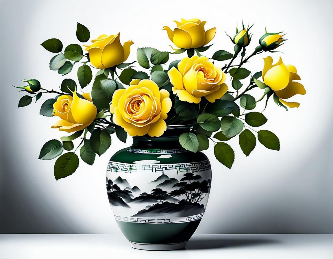 Yellow Roses Bouquet in Chinese Ink Painting Style