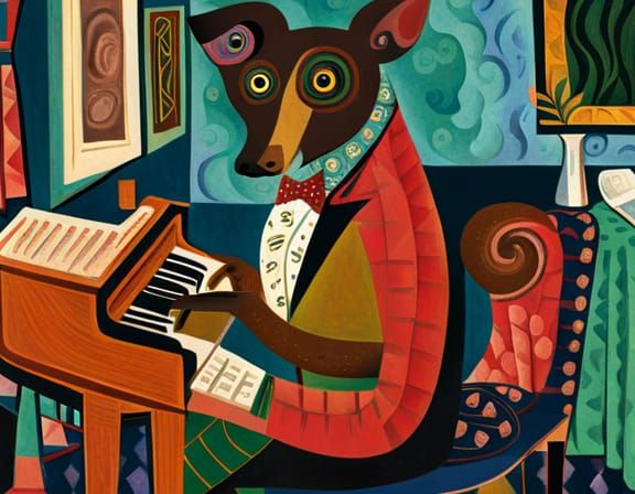 Dog Playing Piano in Surrealist Style