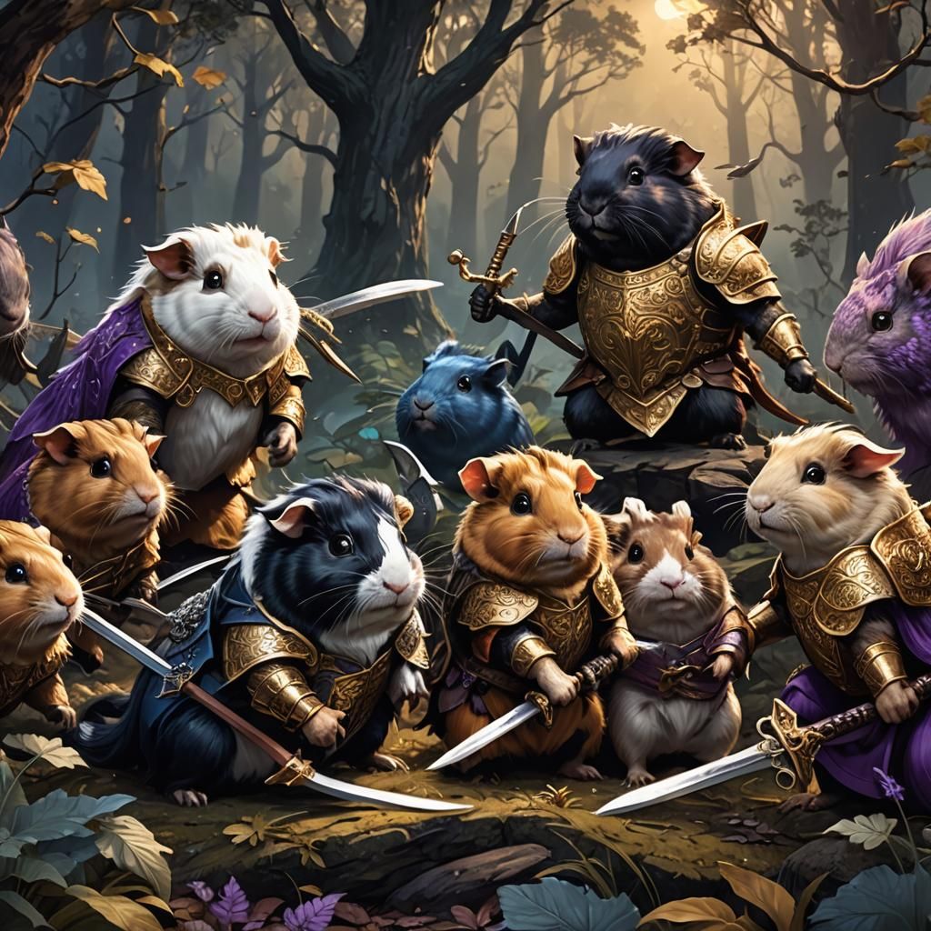 Guinea Pigs Fighting Dragons in Forest Landscape