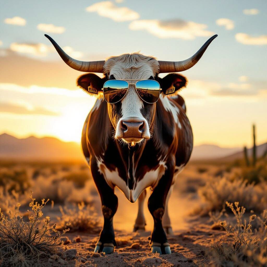 Longhorn Bull in Sunglasses Desert Landscape