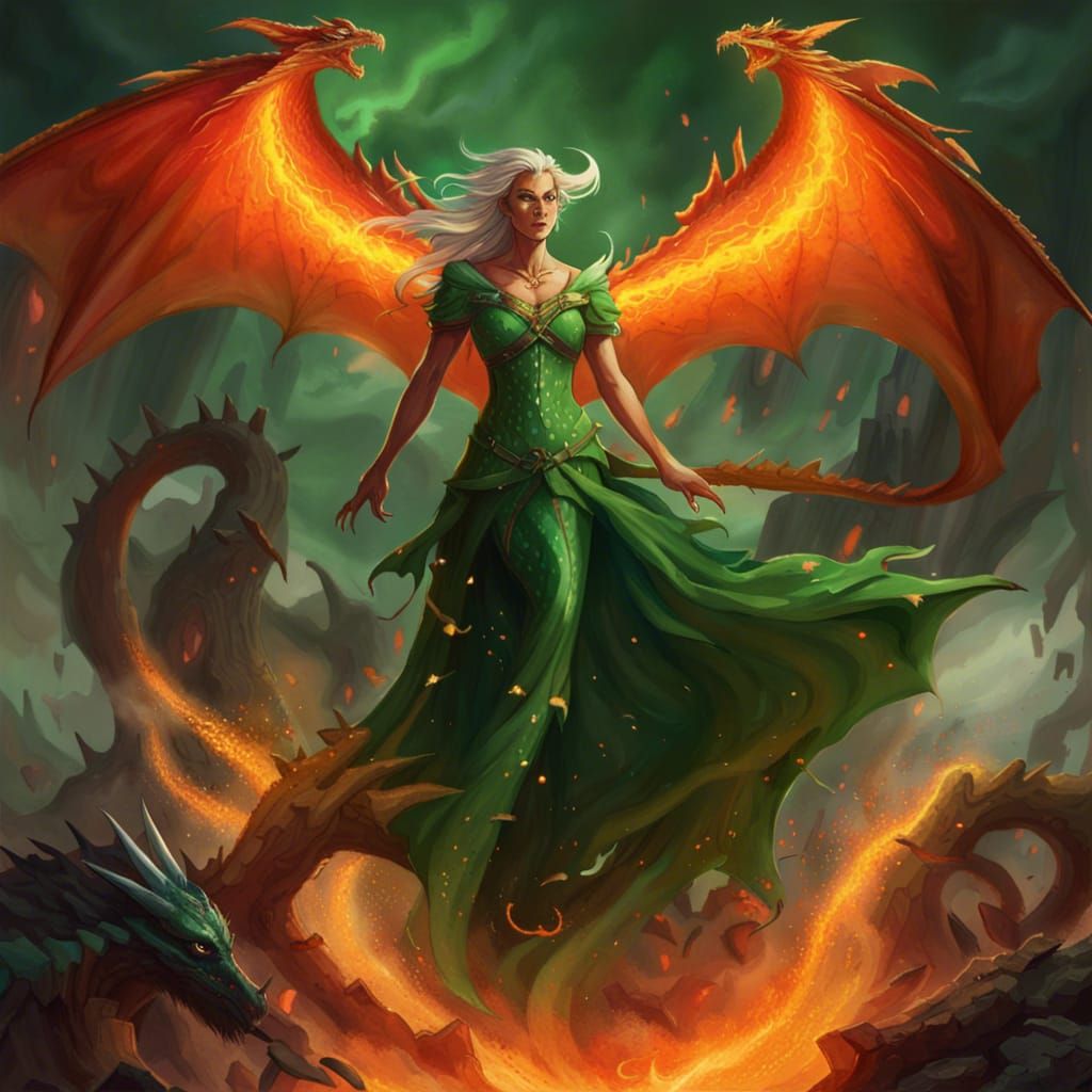 Fire Dragon and Magical Woman in Warhammer Style