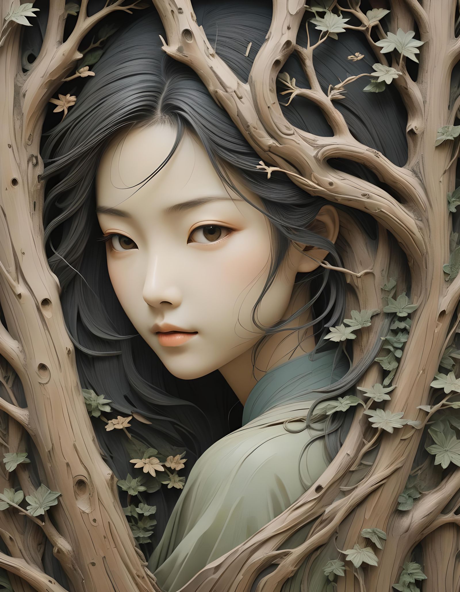 Mystical Woman Hiding in Forest Wood Carving Art