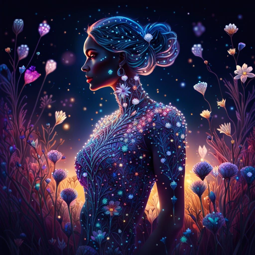 Diamond Woman in Moonlit Wildflower Field