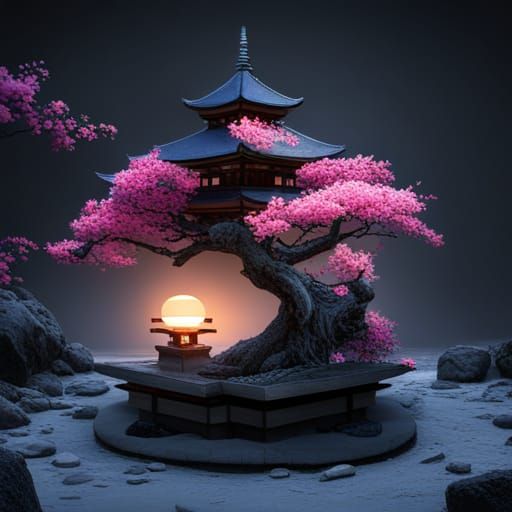 Japanese Garden with Blossoms and Stone Lantern