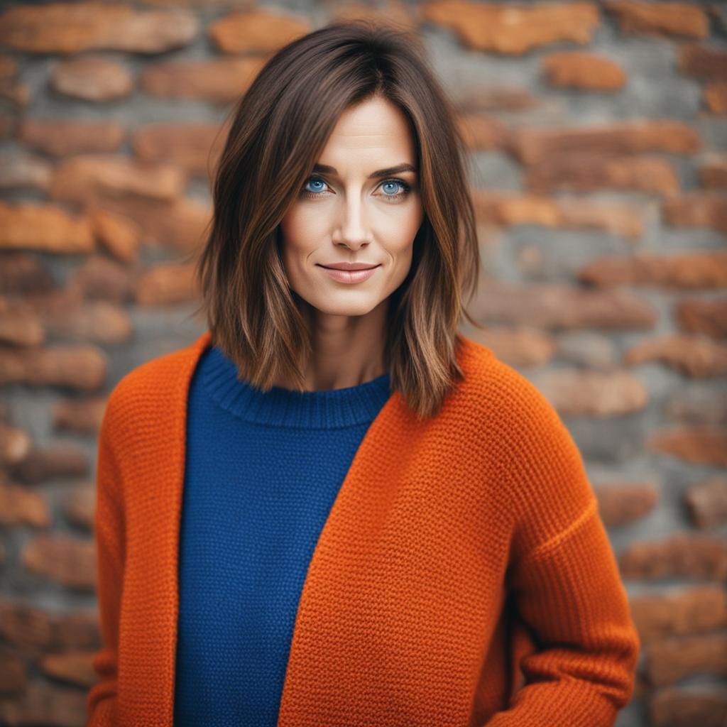 Portrait of a Woman with Brown Bob and Blue Eyes