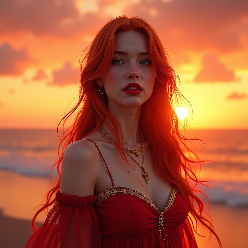 Red-Haired Girl at Sunset: Fantasy Matte Painting