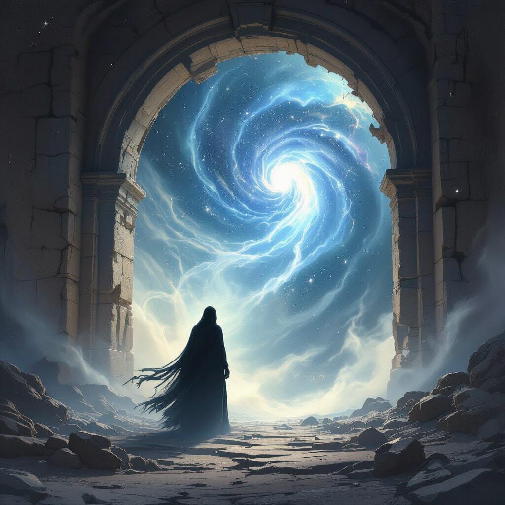 Cosmic Watcher at Ancient Archway in Surreal Airbrush Style