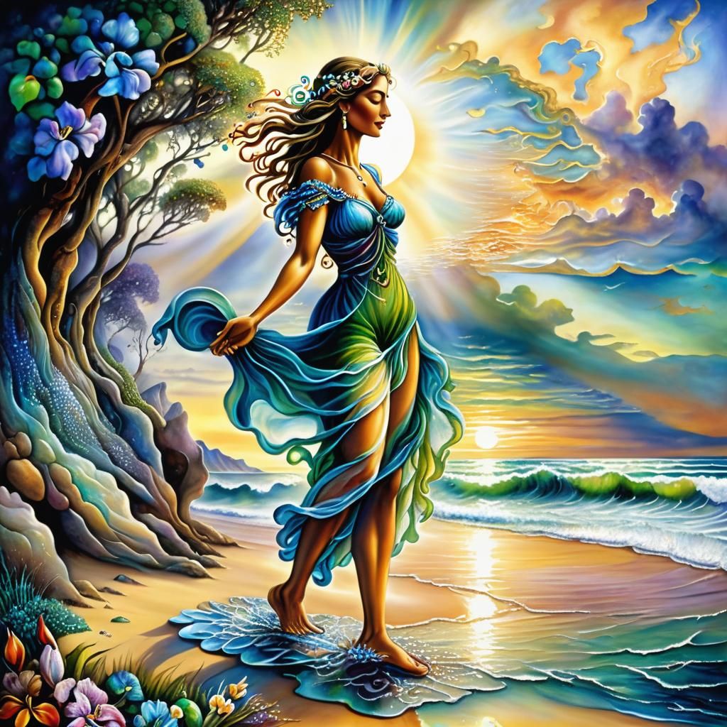 Barefoot Woman on Beach in Fantasy Style