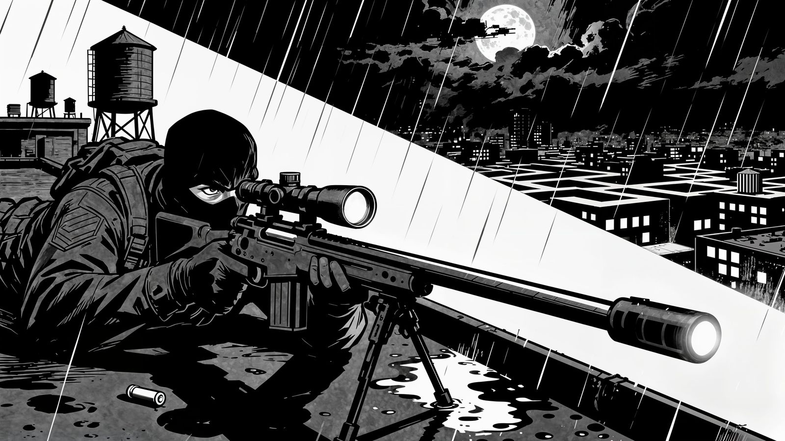 Lone Sniper on Rooftop at Midnight
