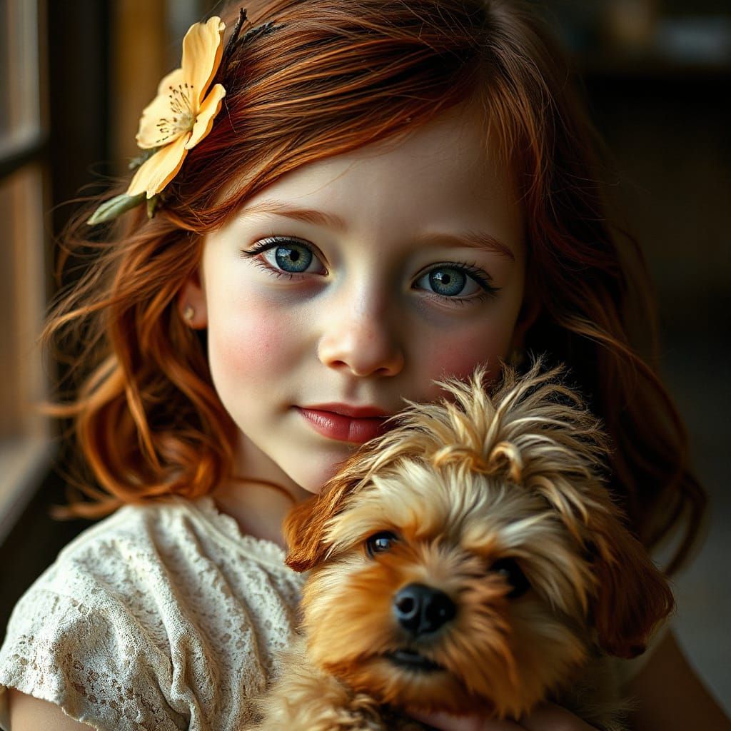 Enchanting Girl with Dog in Dreamy Painterly Style