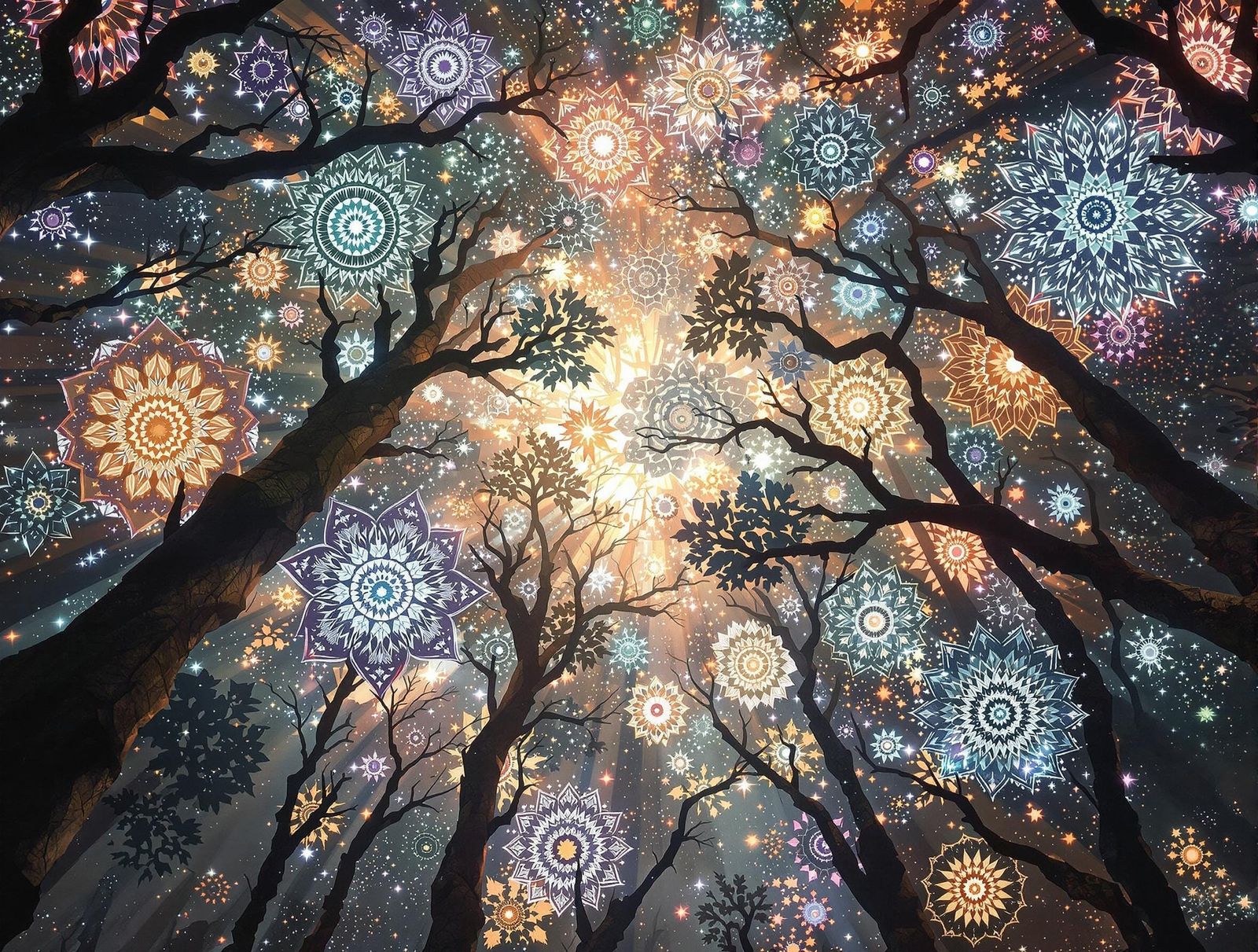 Surreal Forest Illuminated by Glowing Mandalas