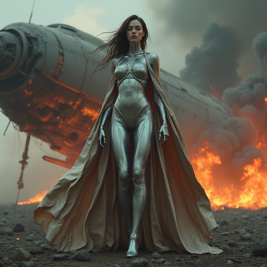 Cyborg Woman Emerges from Spaceship Wreckage
