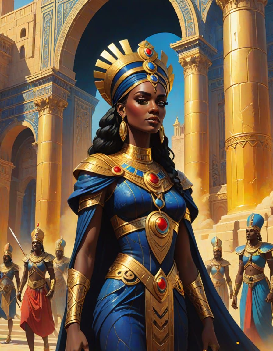 Majestic Black Queen of Sheba in Sumerian Palace, Watercolor...