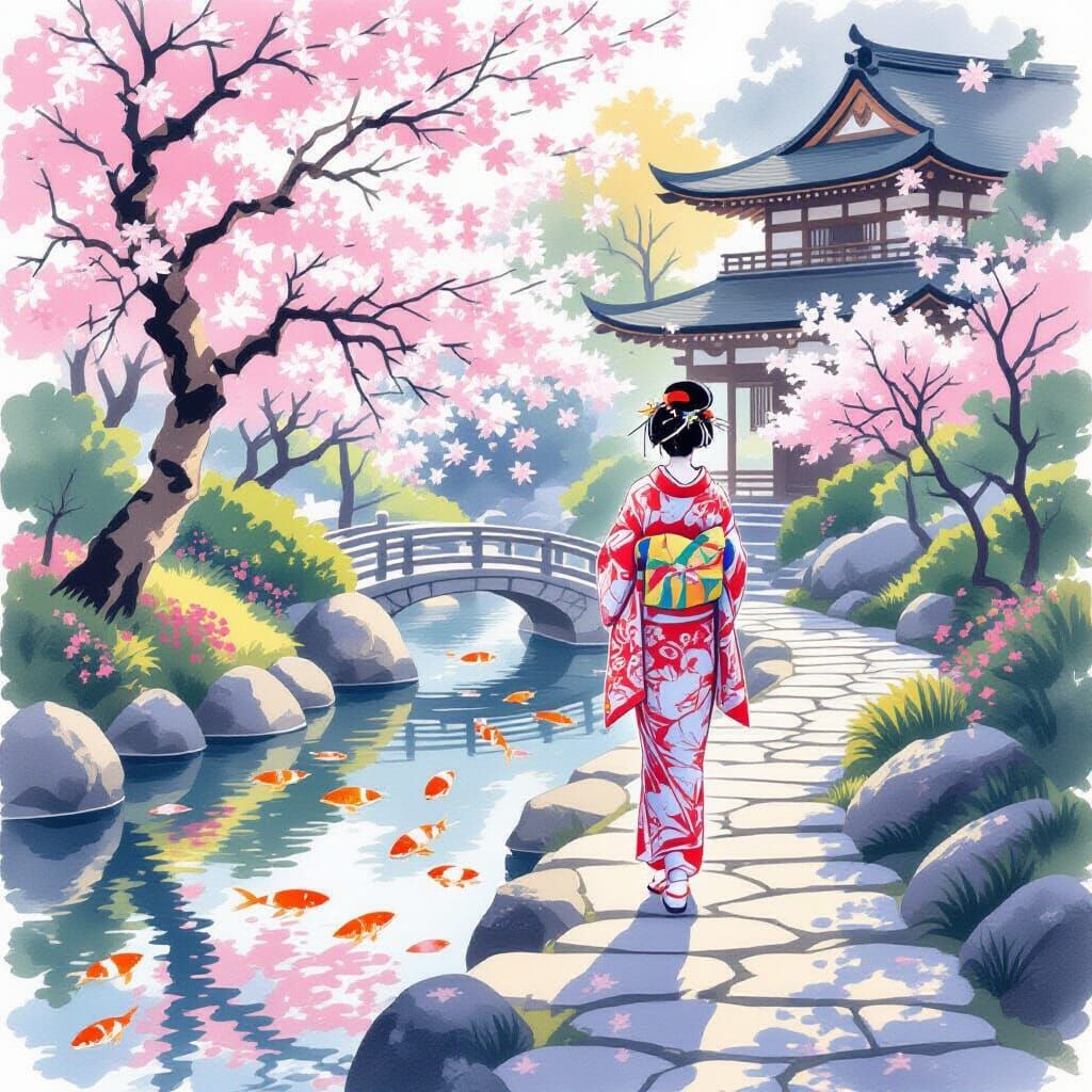 Serene Japanese Garden in Spring with Geisha