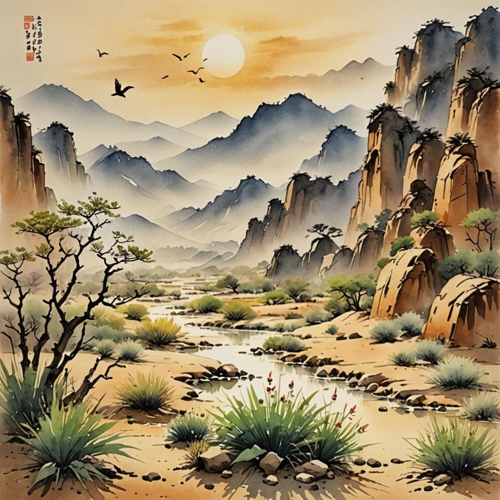 Desert Sunrise: Bird Song in Watercolor Style