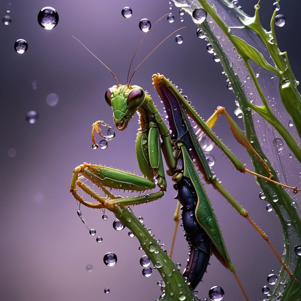 Praying Mantis in Dewdrop: Dark Fantasy Concept Art