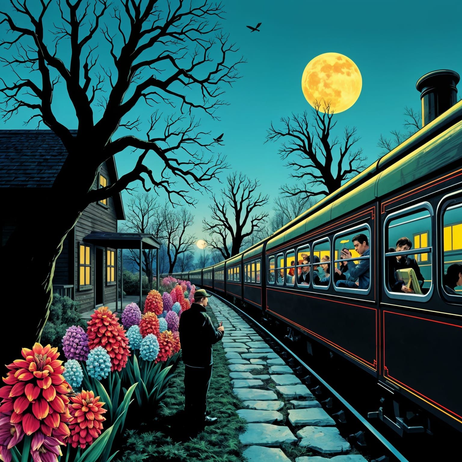 Vibrant Daylight Scene with Fantasy Characters and Floral El...