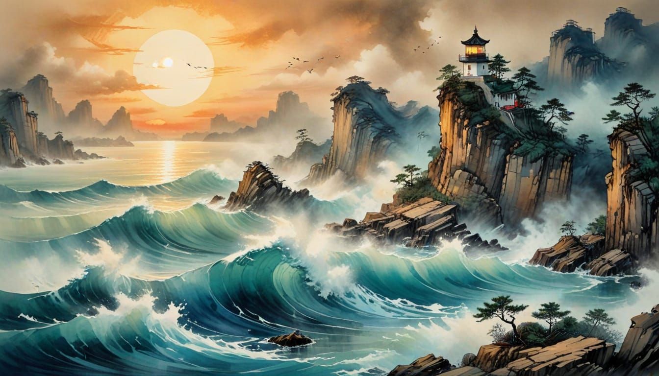 Lighthouse on Cliff in Chinese Ink Painting Style