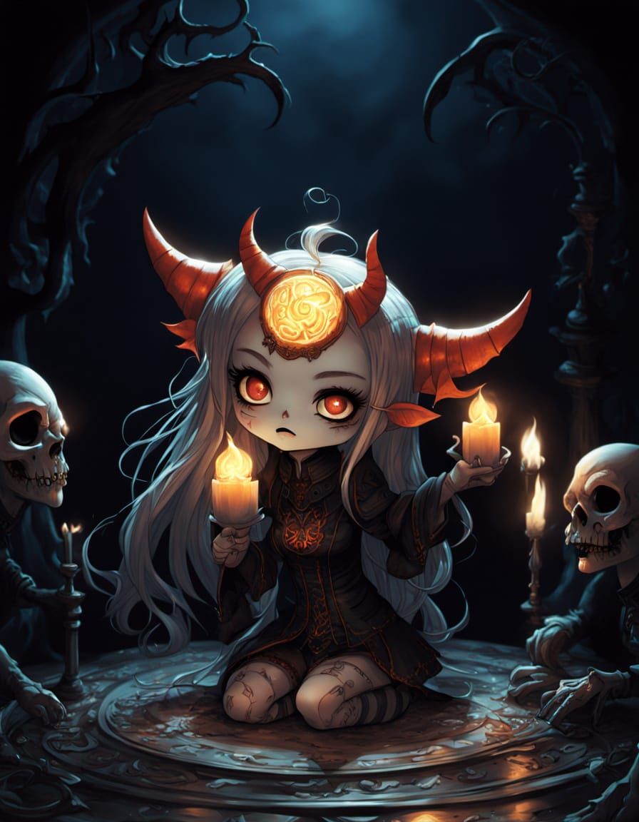 Chibi Demon Girl in Gothic Setting, HorrorFantasy Art