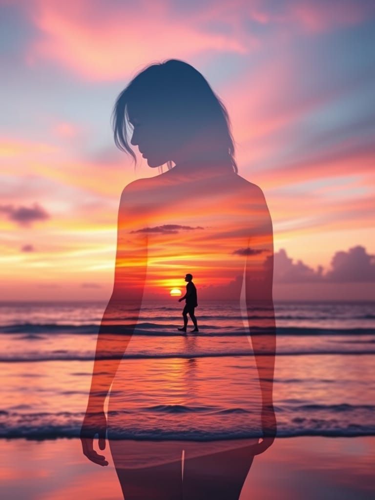 Serene Sunset Silhouette on Tranquil Beach