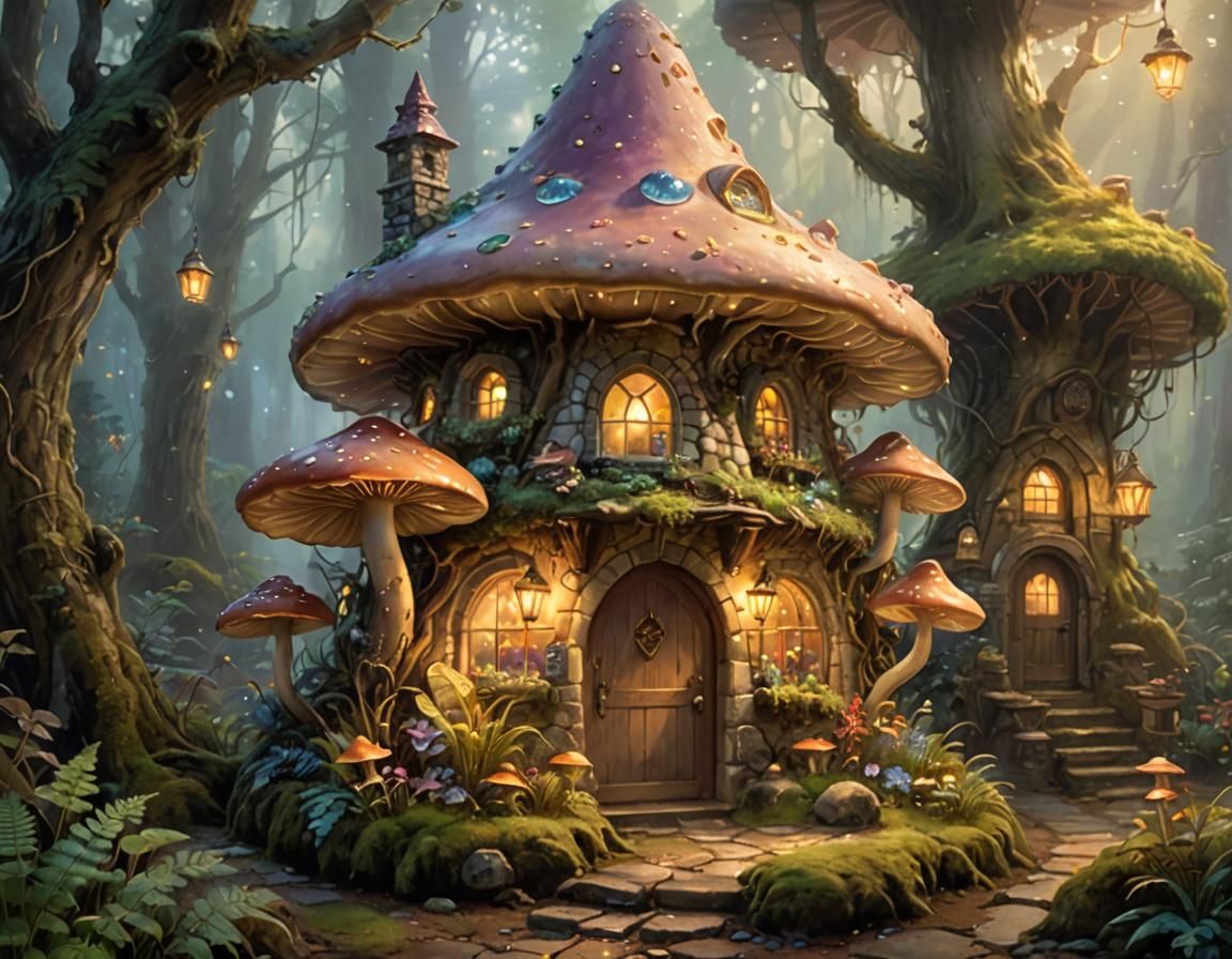 Whimsical Fairy Haven in a Glowing Mushroom Shop