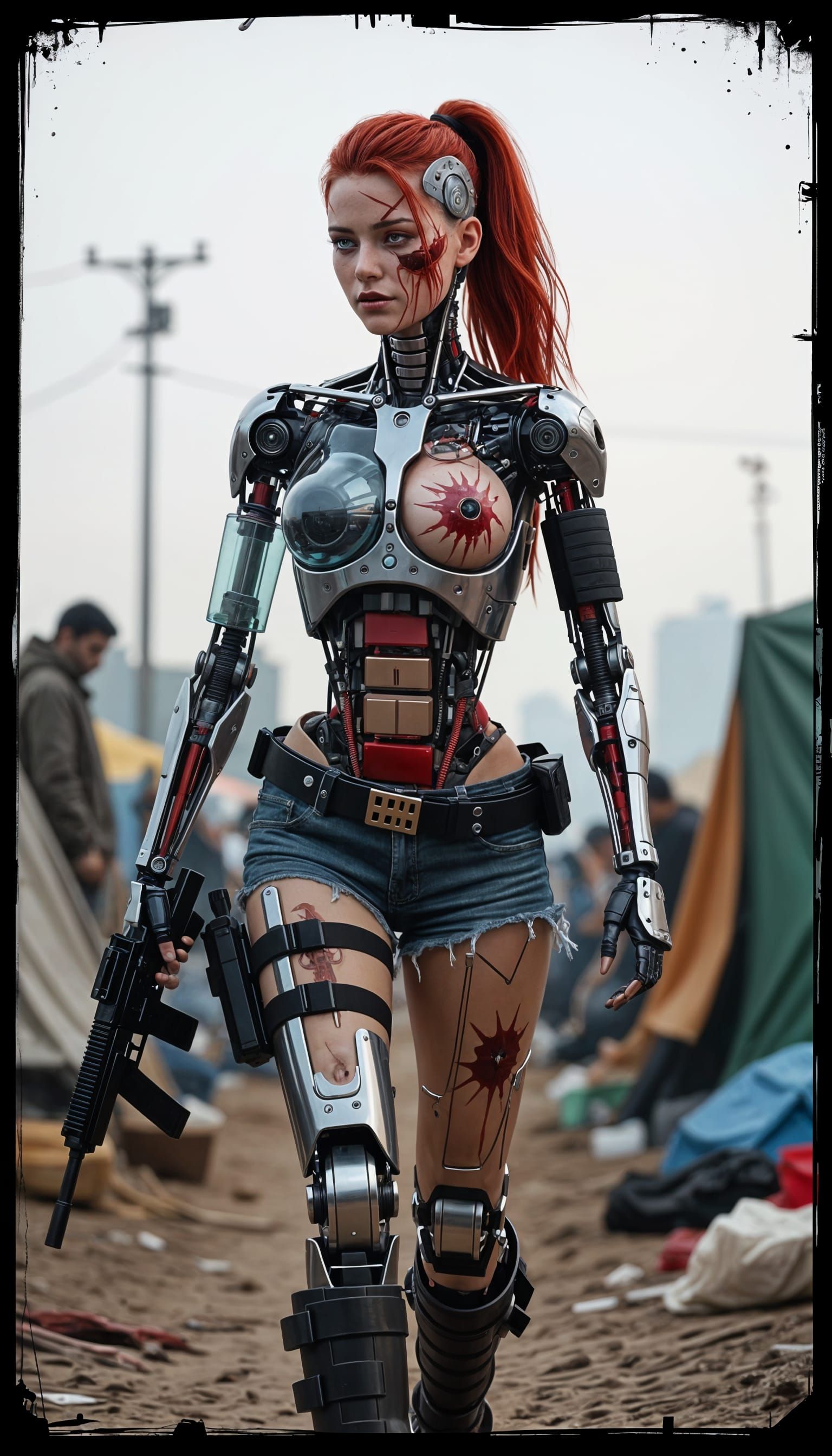 Beautiful Cyborg Woman With Red Hair in Dystopian Camp