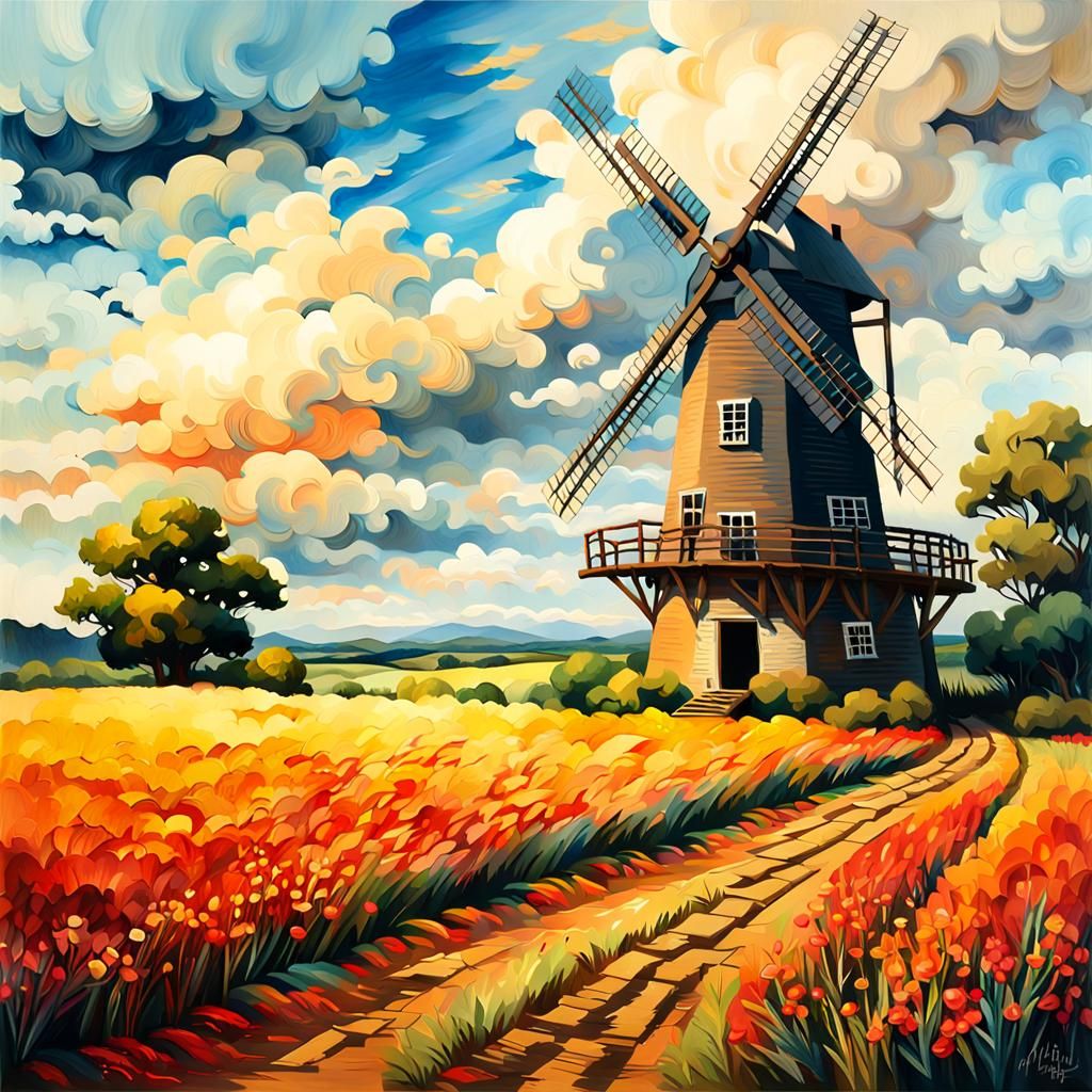 Windmill by Field in Gouache Impressionist Style