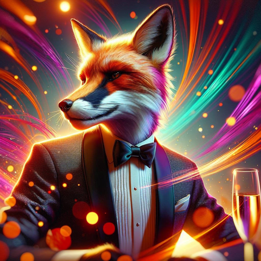 Anthropomorphic Fox in Tuxedo at Dinner Party