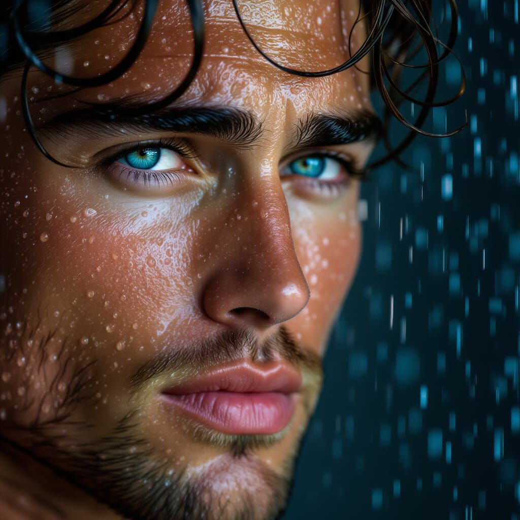Rain-Soaked Man Portrait in Dramatic Black and White
