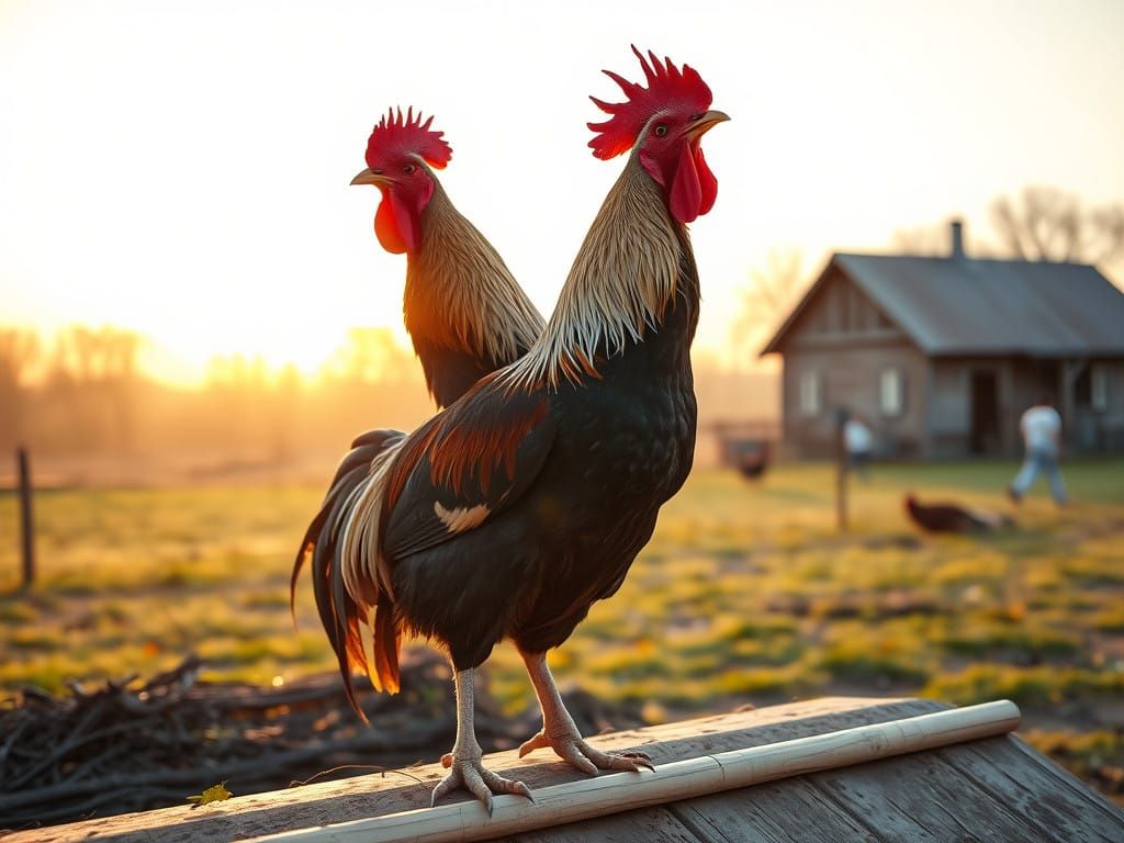 Surreal Cockerel Announces Dawn in a Rustic Landscape