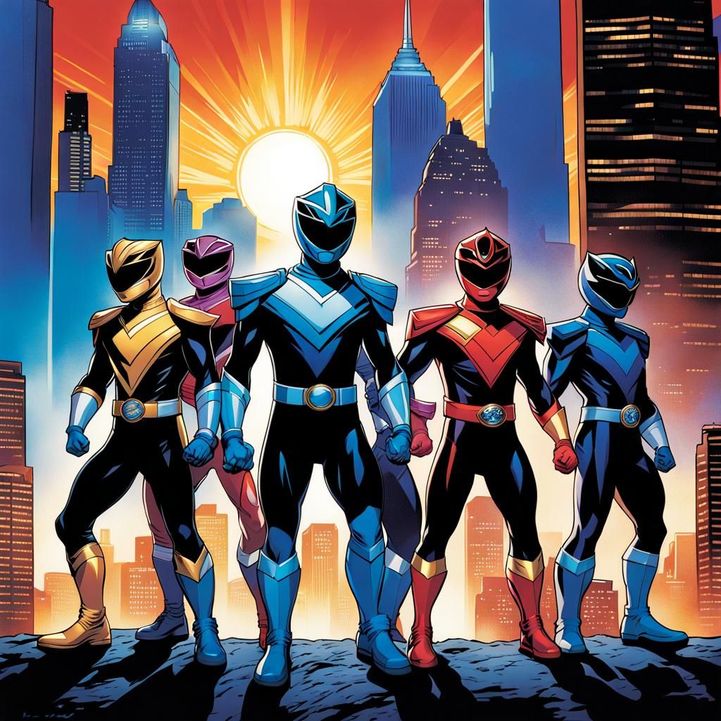 Blue Power Rangers Team in Comic Book Style