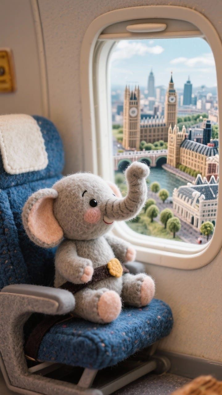 Cute Felt Elephant in Airplane Over London