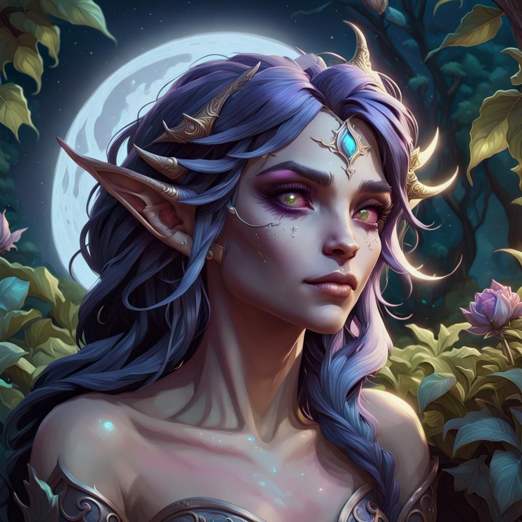Night Elf Moon Goddess in Hyperdetailed Portrait