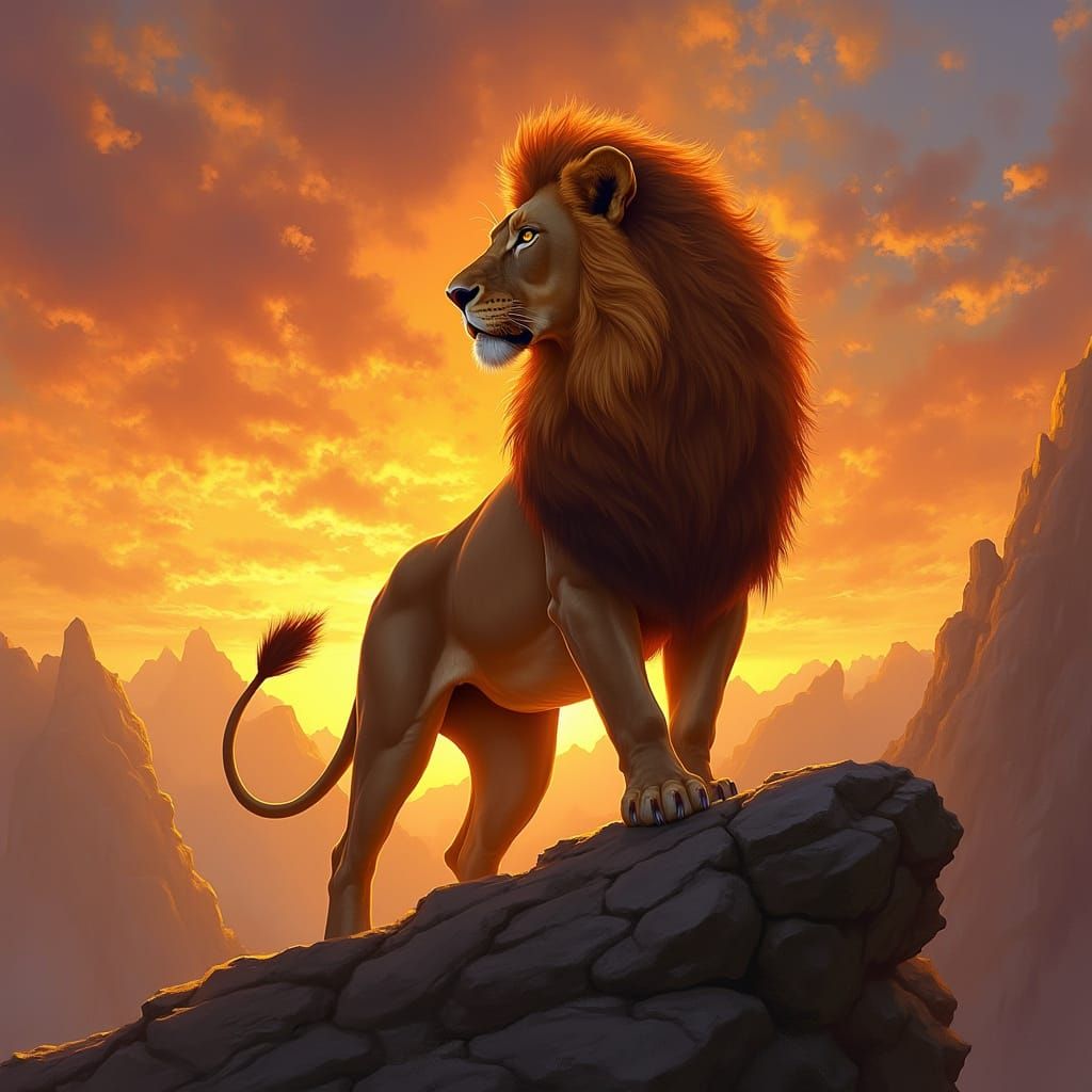 Lion with Fiery Mane at Sunset as Oil Painting