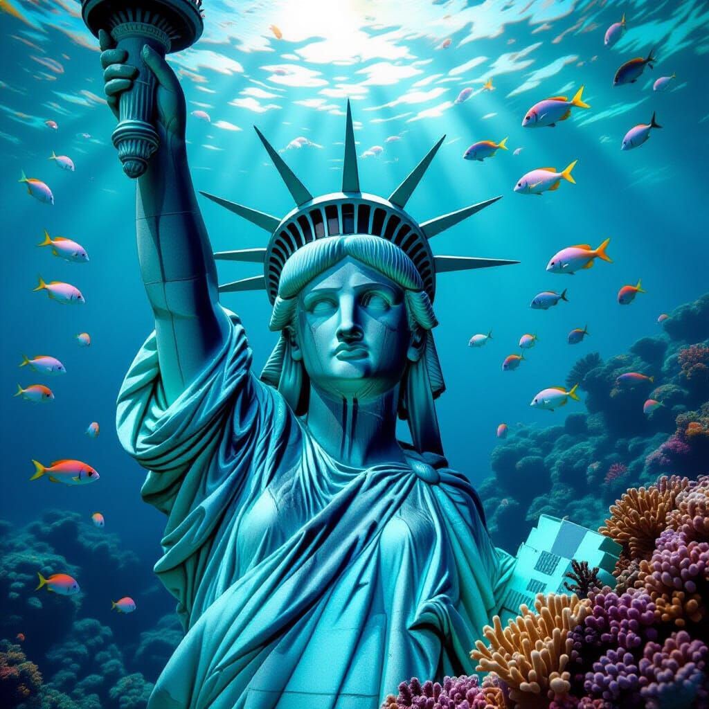 Statue of Liberty Submerged in Detailed Ocean Depths