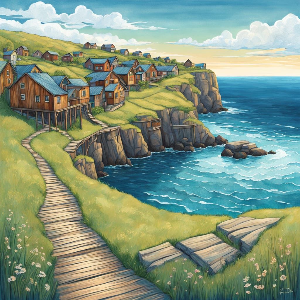 Peaceful Whimsical Beach Scene with Rustic Wooden Houses