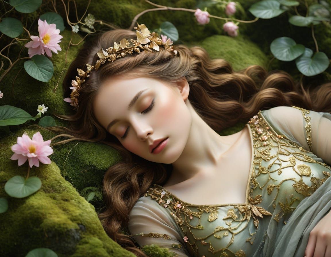Ethereal Watercolor Portrait of a Sleeping Nymph in a Dreamy...