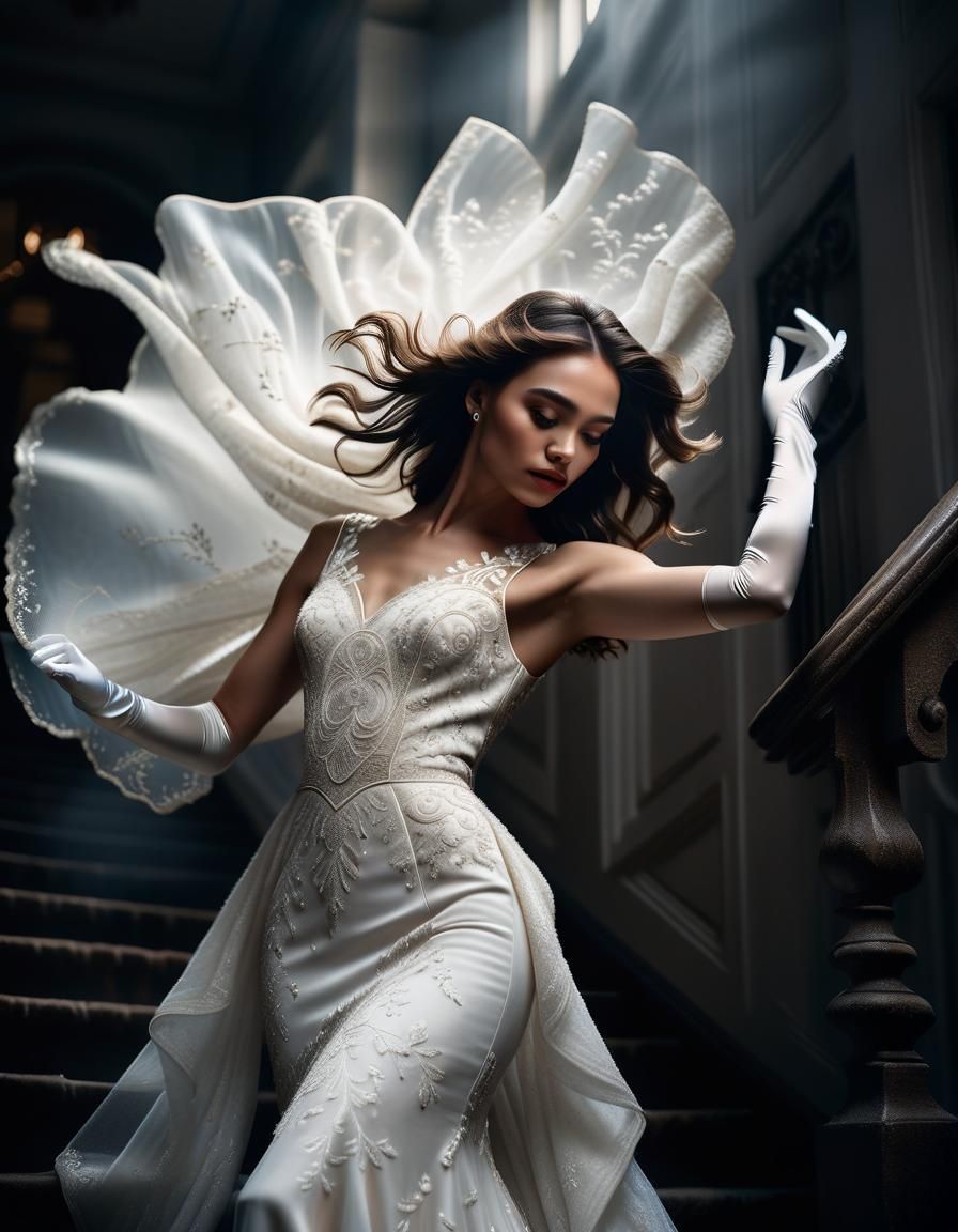 Ethereal Evening Gown Descends Staircase in Dramatic Lightin...