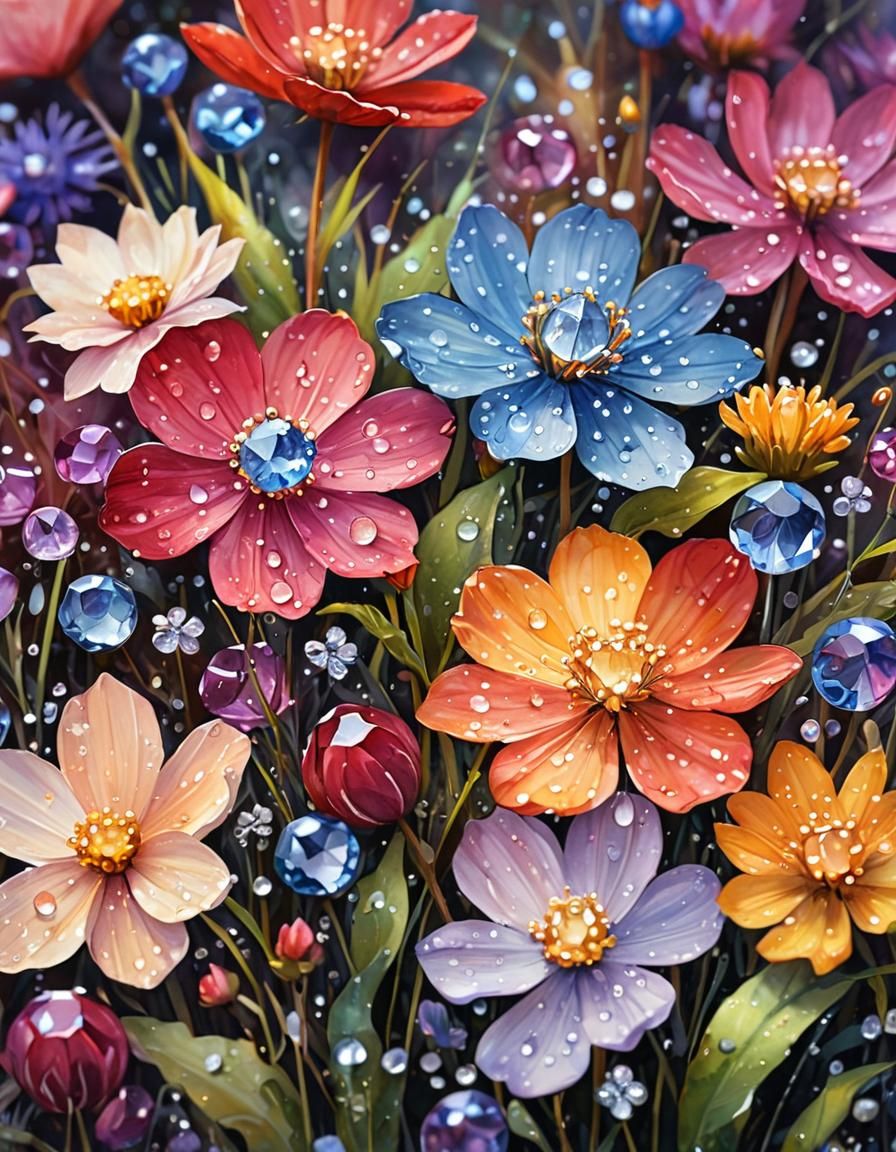 Crystal Wildflowers and Jewels as Watercolor