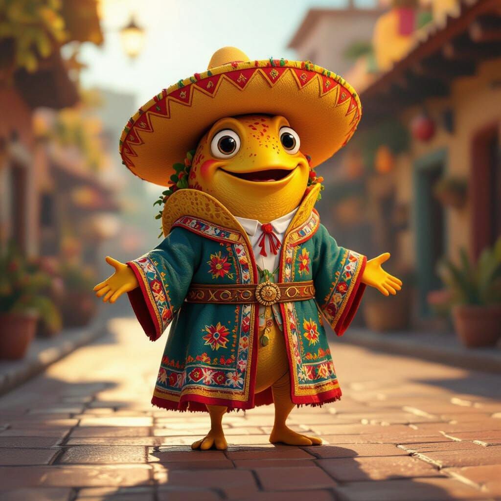 Anthropomorphic Fish Taco in Mexican Attire