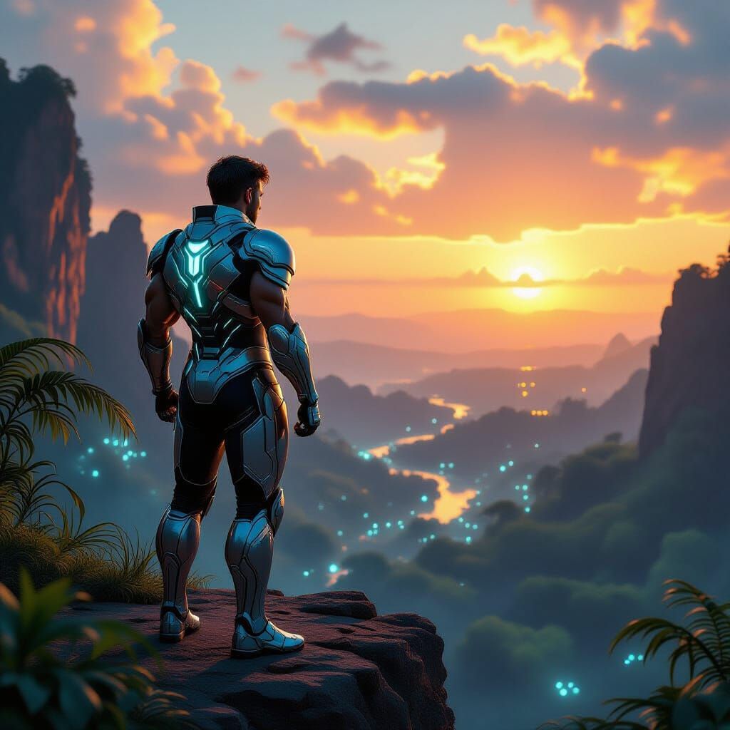 Armored Man Overlooks Alien Jungle Sunset