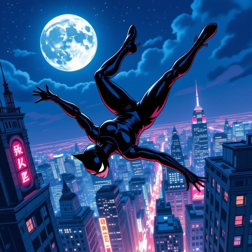 Black Cat's Night Skyscraper Somersault in Comic Art Style