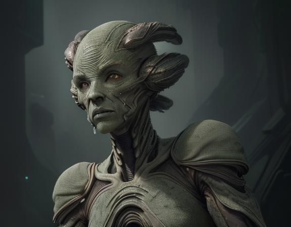 Monochromatic Alien in Futuristic City with Rembrandt Lighti...