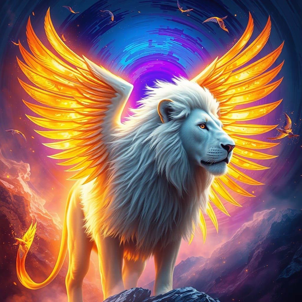 Majestic White Lion with Luminous Gold Wings in Vibrant Ethe...