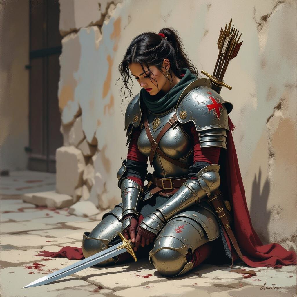 Medieval Woman Warrior on Battlefield in Dramatic Lighting