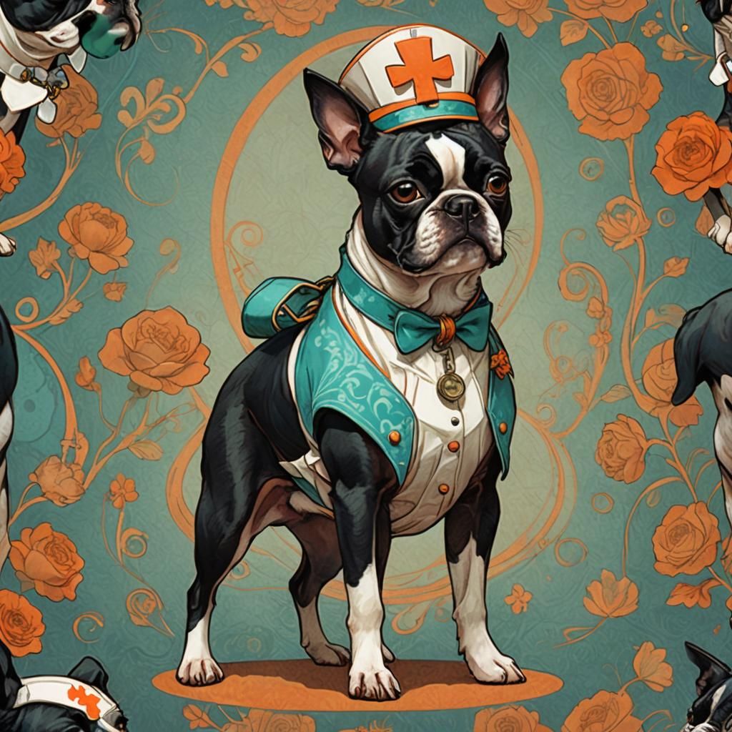Boston Terrier as Florence Nightingale in Art Nouveau Style