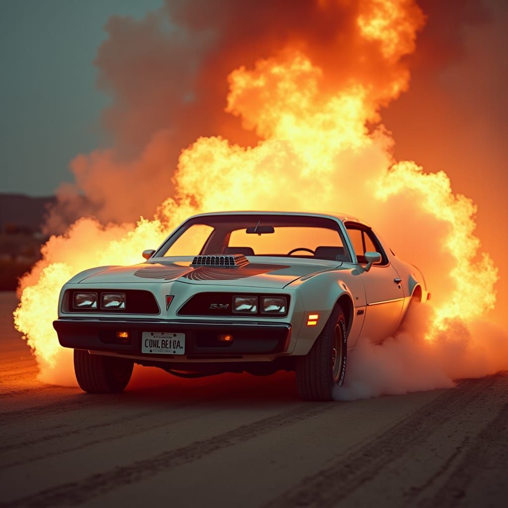 White Pontiac Trans Am in Cinematic Comic Style