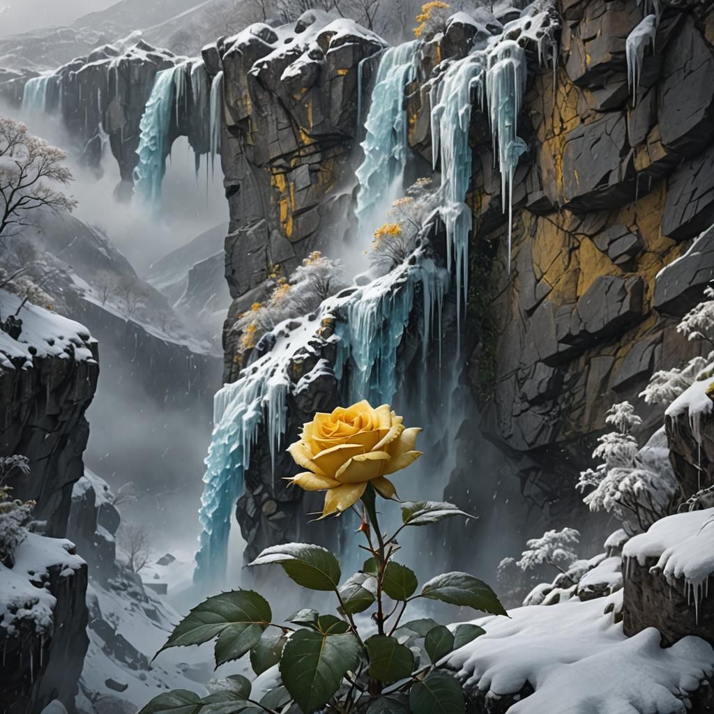 Yellow Rose Blooms in Winter Snowstorm
