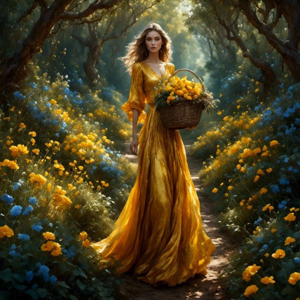 Woman in Enchanted Forest with Flowers